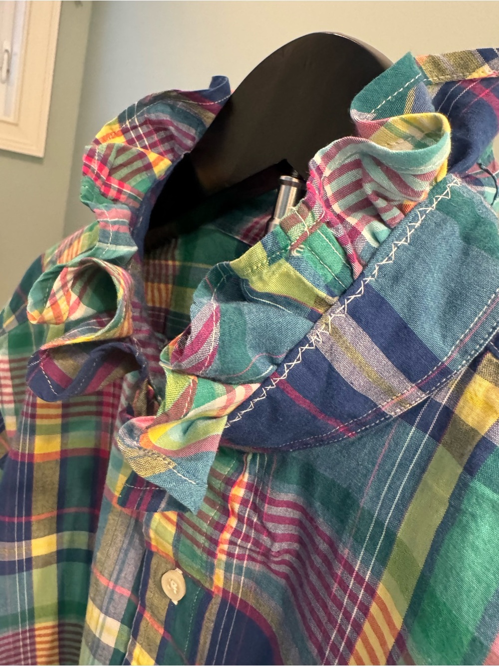 Ralph Lauren Blue, Green & Yellow Plaid Ruffle-Collar Button-Front Shirt - Picture 3 of 7
